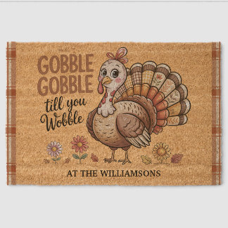 Thanksgiving Family Name Funny Cute Turkey Gobble Fiber Doormat