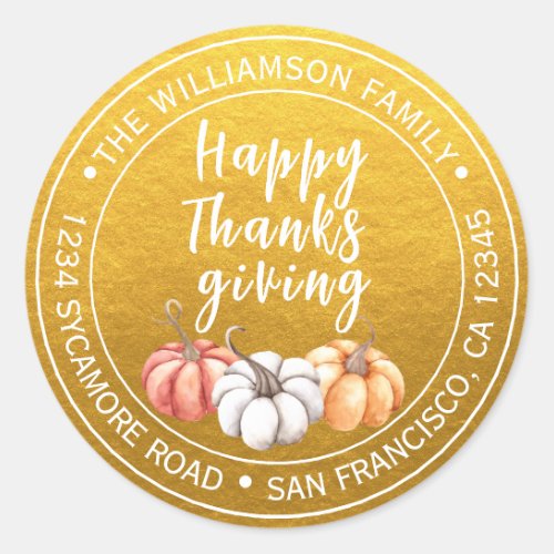 Thanksgiving Family Name Return Address Gold Classic Round Sticker