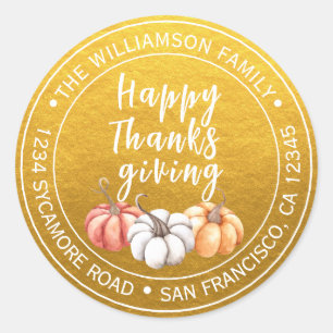 Thanksgiving Family Name Return Address Gold Classic Round Sticker