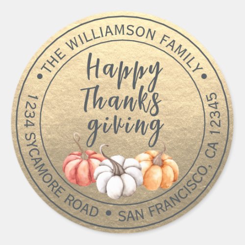 Thanksgiving Family Name Return Address Gold Classic Round Sticker