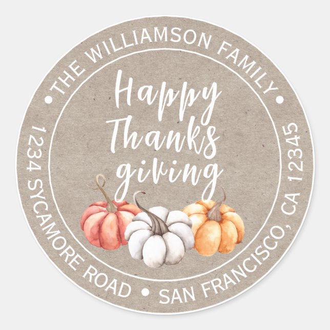 Thanksgiving Family Name Return Address Kraft Classic Round Sticker (Front)