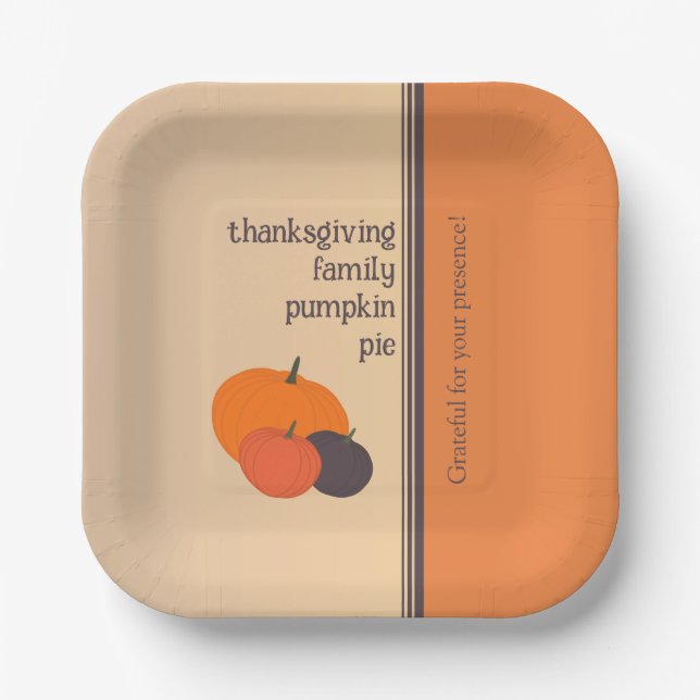 Thanksgiving Family Pumpkin Pie Square Paper Plates (Front)