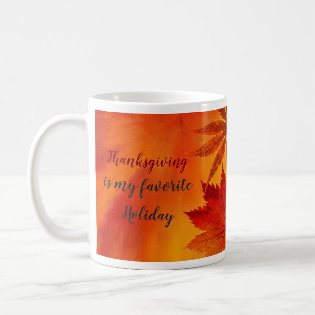 Thanksgiving Favorite Holiday Red Orange Leaves Coffee Mug (Left)