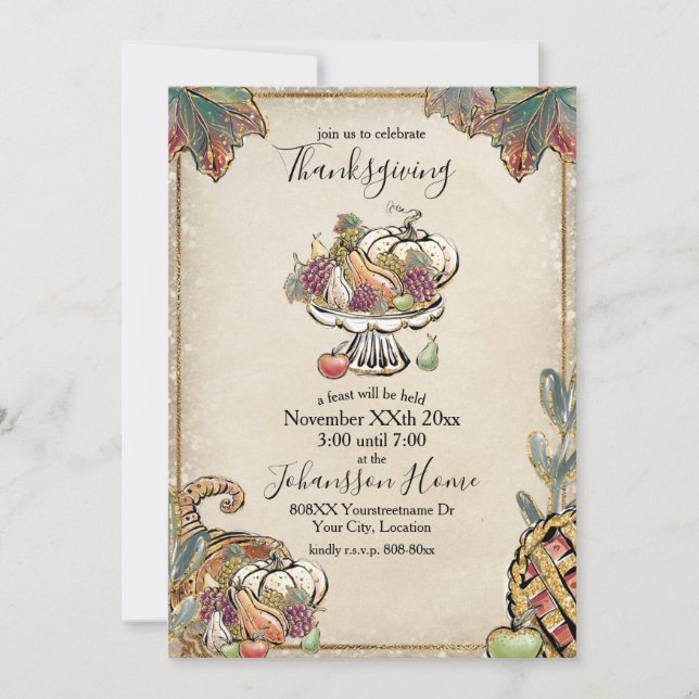 Thanksgiving Feast Glitter Fall Harvest Invitation (Front)