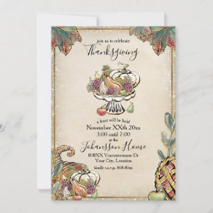 Thanksgiving Feast Glitter Fall Harvest Invitation