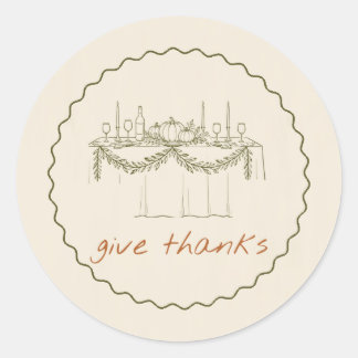 Thanksgiving Feast Olive Line Art Dinner Table Classic Round Sticker