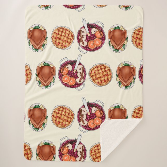 Thanksgiving Feast Pattern - Turkey, Pie, & Fruits Sherpa Blanket (Front)