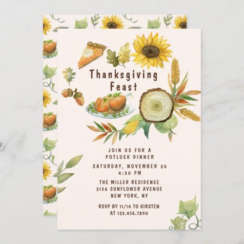 Thanksgiving Feast Turkey Pumpkin Pie Sunflowers Invitation
