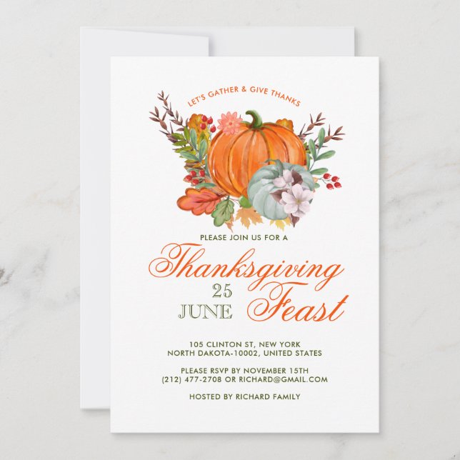 Thanksgiving Fest Dinner Rustic Pumpkin Invitation (Front)