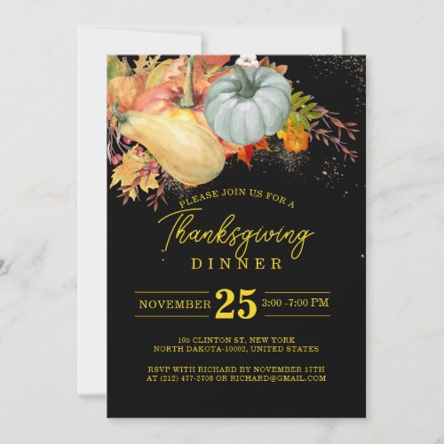 Thanksgiving Fest Friends Dinner Pumpkin Black Invitation