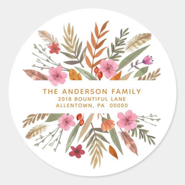 THANKSGIVING FESTIVE FALL FOLIAGE RETURN ADDRESS CLASSIC ROUND STICKER (Front)