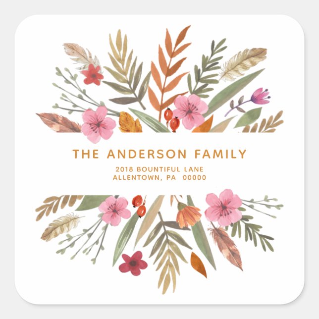 THANKSGIVING FESTIVE FALL FOLIAGE RETURN ADDRESS SQUARE STICKER (Front)