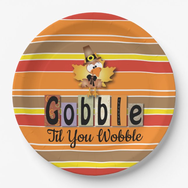Thanksgiving Festive Gobble Til You Wobble Turkey Paper Plates (Front)