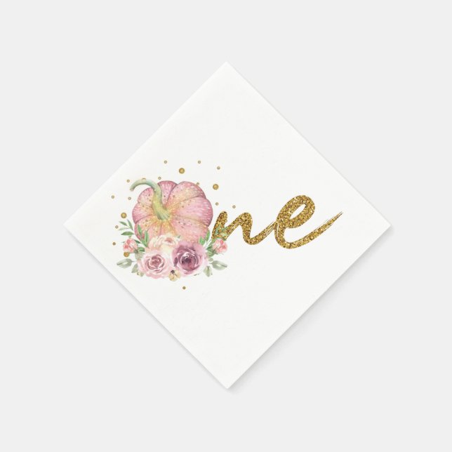 Thanksgiving First Birthday Pumpkin Pink Gold Napkins (Corner)