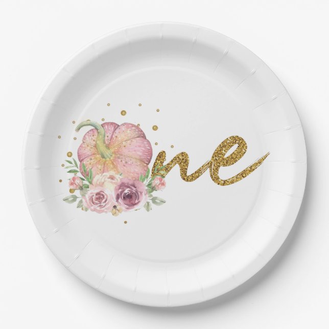 Thanksgiving First Birthday Pumpkin Pink Gold Paper Plates (Front)