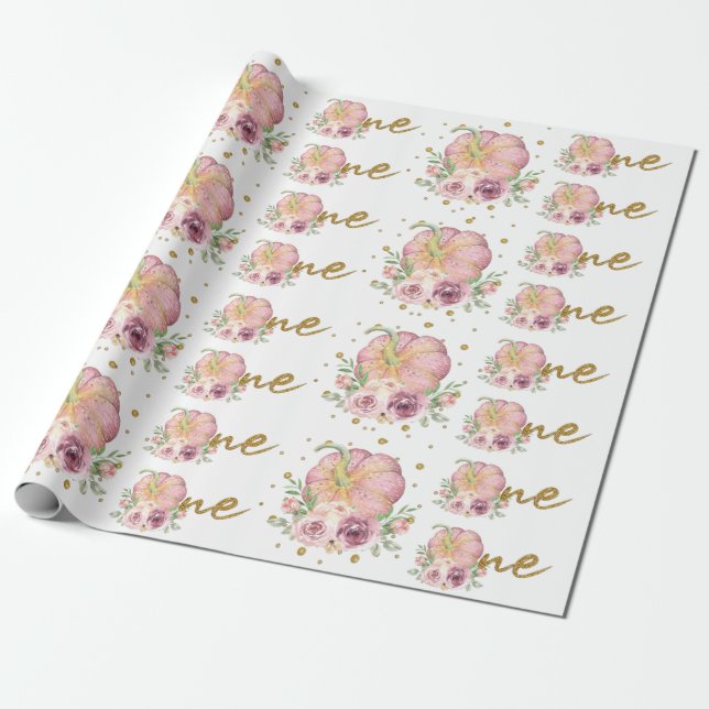 Thanksgiving First Birthday Pumpkin Pink Wrapping Paper (Unrolled)