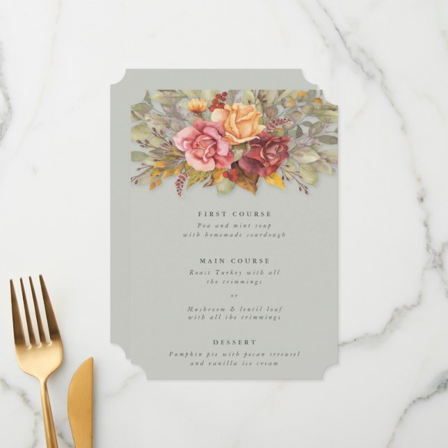 Thanksgiving Floral Border Flat 3 Course Menu (Front/Back In Situ)