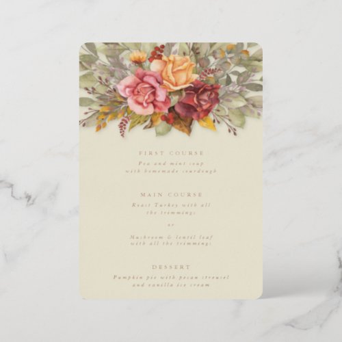 Thanksgiving Floral Border Flat 3 Course Menu Foil Invitation