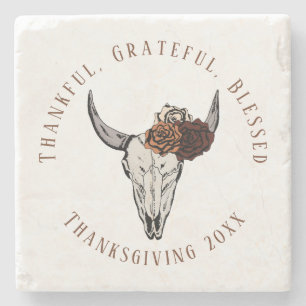 Thanksgiving Floral Bull Skull Cow Skull Stone Coaster