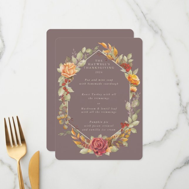 Thanksgiving Floral Frame Flat 3 Course Menu (Front/Back In Situ)