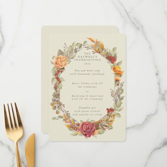 Thanksgiving Floral Frame Flat 3 Course Menu (Front/Back In Situ)