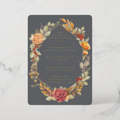 Thanksgiving Floral Frame Flat 3 Course Menu Foil Invitation