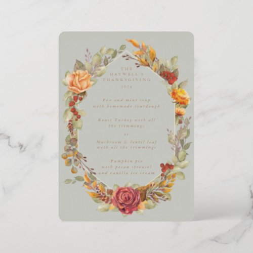 Thanksgiving Floral Frame Flat 3 Course Menu Foil Invitation