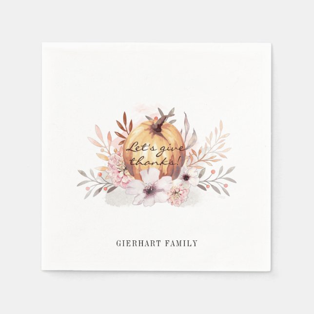 Thanksgiving Floral Watercolor Pumpkin Rustic Napkins (Front)