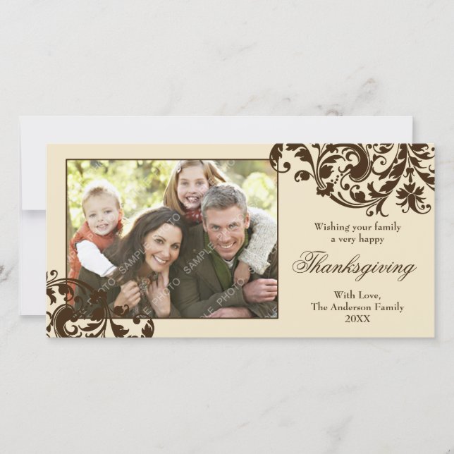 Thanksgiving Flourish Swirls Tan and Brown Holiday Card (Front)