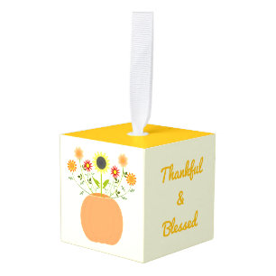 Thanksgiving Flowers in Pumpkin Custom Cube Ornament