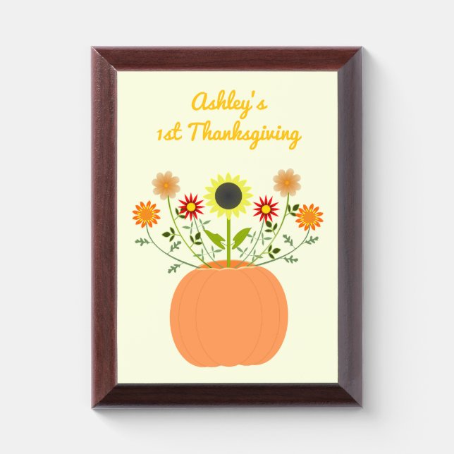 Thanksgiving Flowers in Pumpkin Custom Message Award Plaque (Vertical)