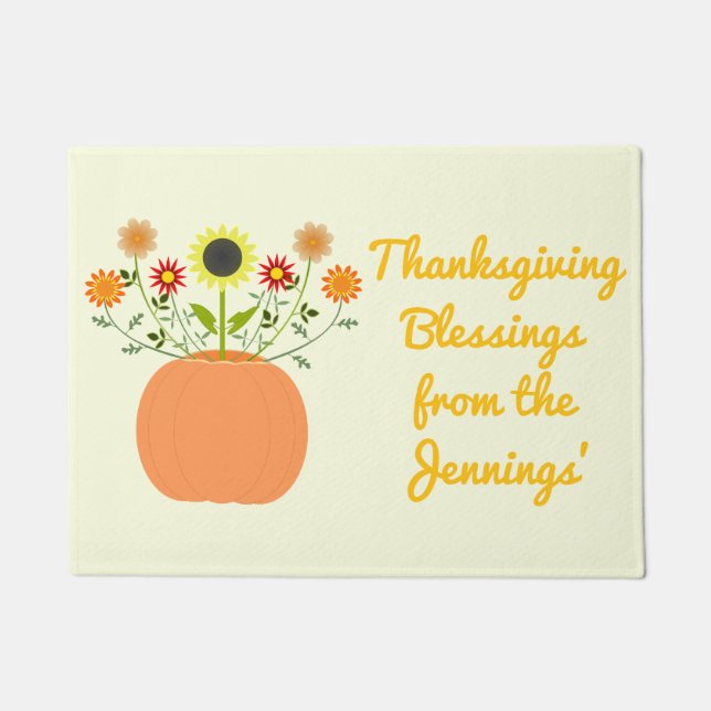 Thanksgiving Flowers in Pumpkin Custom Message Doormat (Front)