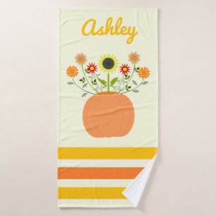 Thanksgiving Flowers in Pumpkin Custom Name Bath Towel