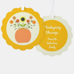 Thanksgiving Flowers in Pumpkin Custom Ornament Card