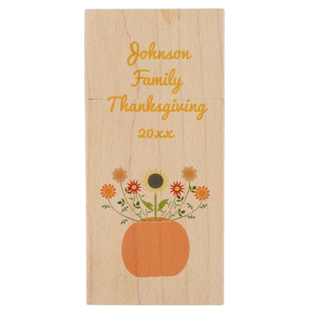 Thanksgiving Flowers in Pumpkin Custom Wood Flash Drive (Front Vertical)