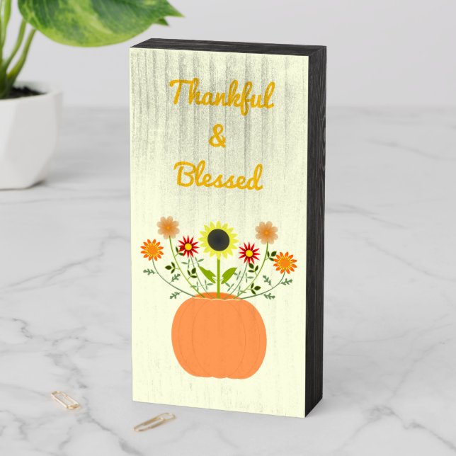 Thanksgiving Flowers in Pumpkin Custom Wooden Box Sign (In Situ Vertical)