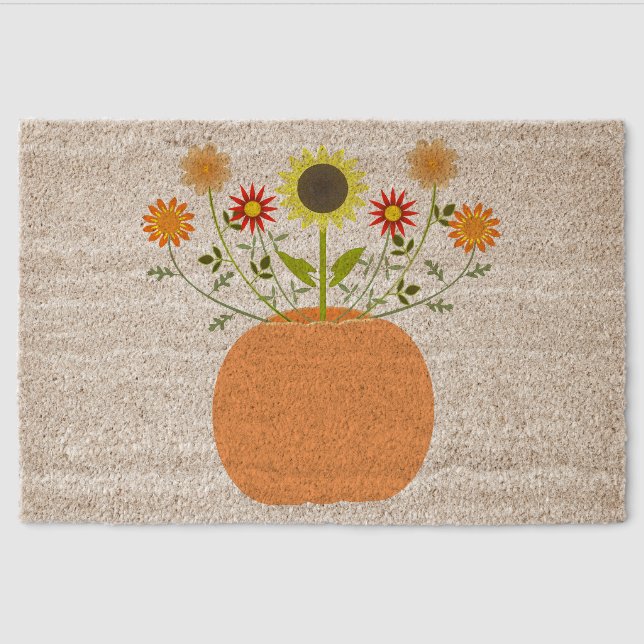 Thanksgiving Flowers in Pumpkin Fiber Doormat (Front)