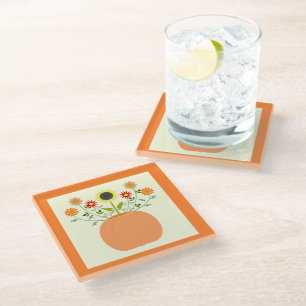 Thanksgiving Flowers in Pumpkin Glass Coaster