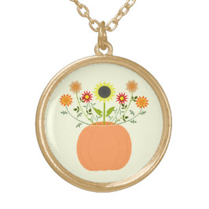 Thanksgiving Flowers in Pumpkin Gold Plated Necklace