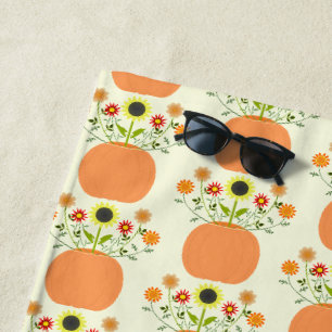 Thanksgiving Flowers in Pumpkin Patterned Beach Towel