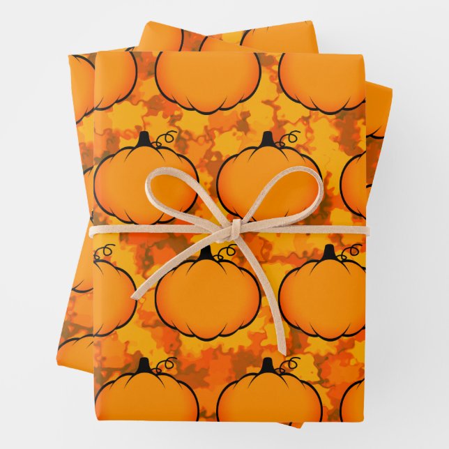 Thanksgiving Foliage Pumpkin Drawing Wrapping Paper Sheets (In situ)