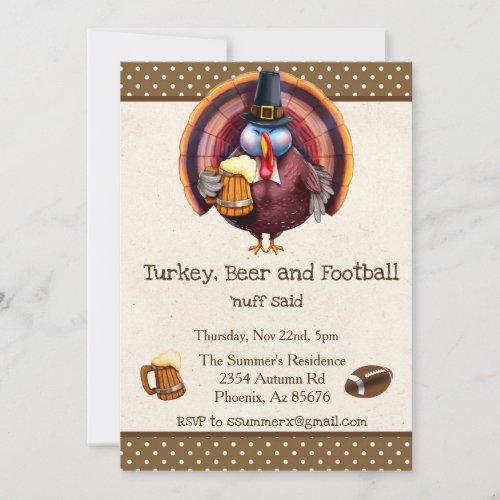 Thanksgiving Football Turkey Beer Funny Invitation