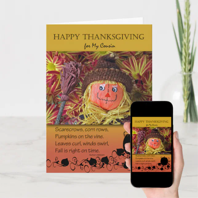 Thanksgiving for Cousin, Cute Scarecrow and Poem Holiday Card Zazzle