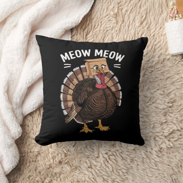 Thanksgiving Funny Turkey Cat Meow Fall Throw Pillow (Blanket)