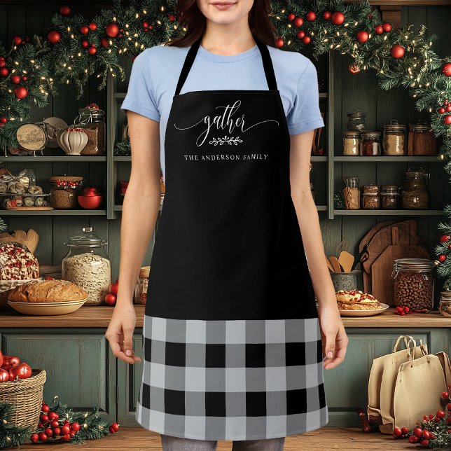 Thanksgiving Gather Fall Black & White Plaid Apron (Creator Uploaded)