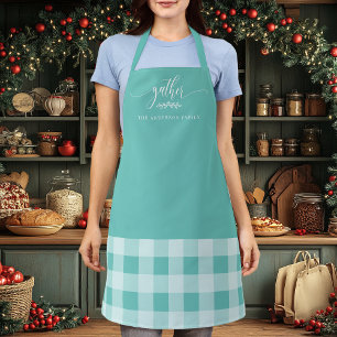 Thanksgiving Gather Teal Plaid Family Kitchen Apron
