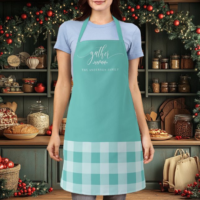 Thanksgiving Gather Teal Plaid Family Kitchen Apron (Creator Uploaded)