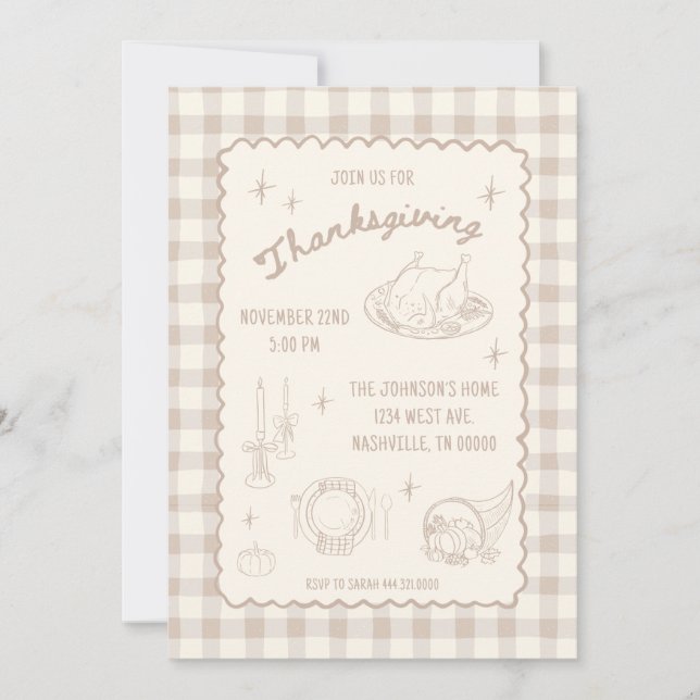 Thanksgiving Gingham Tan Neutral Aesthetic Invitation (Front)