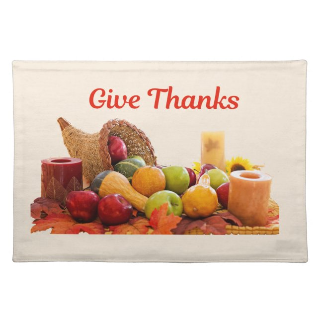 Thanksgiving 'Give Thanks' Cornucopia Cloth Placemat (Front)
