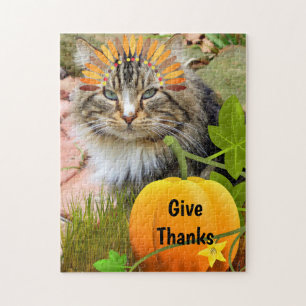 Thanksgiving "Give Thanks" Cute Cat and Pumpkin Jigsaw Puzzle